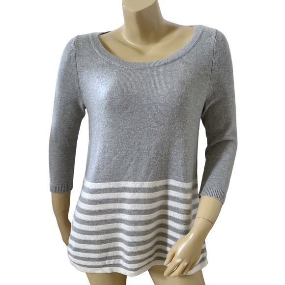 Gap Gray White Striped Scoop Neck 3/4 Sleeve Sweater Small - Picture 1 of 6